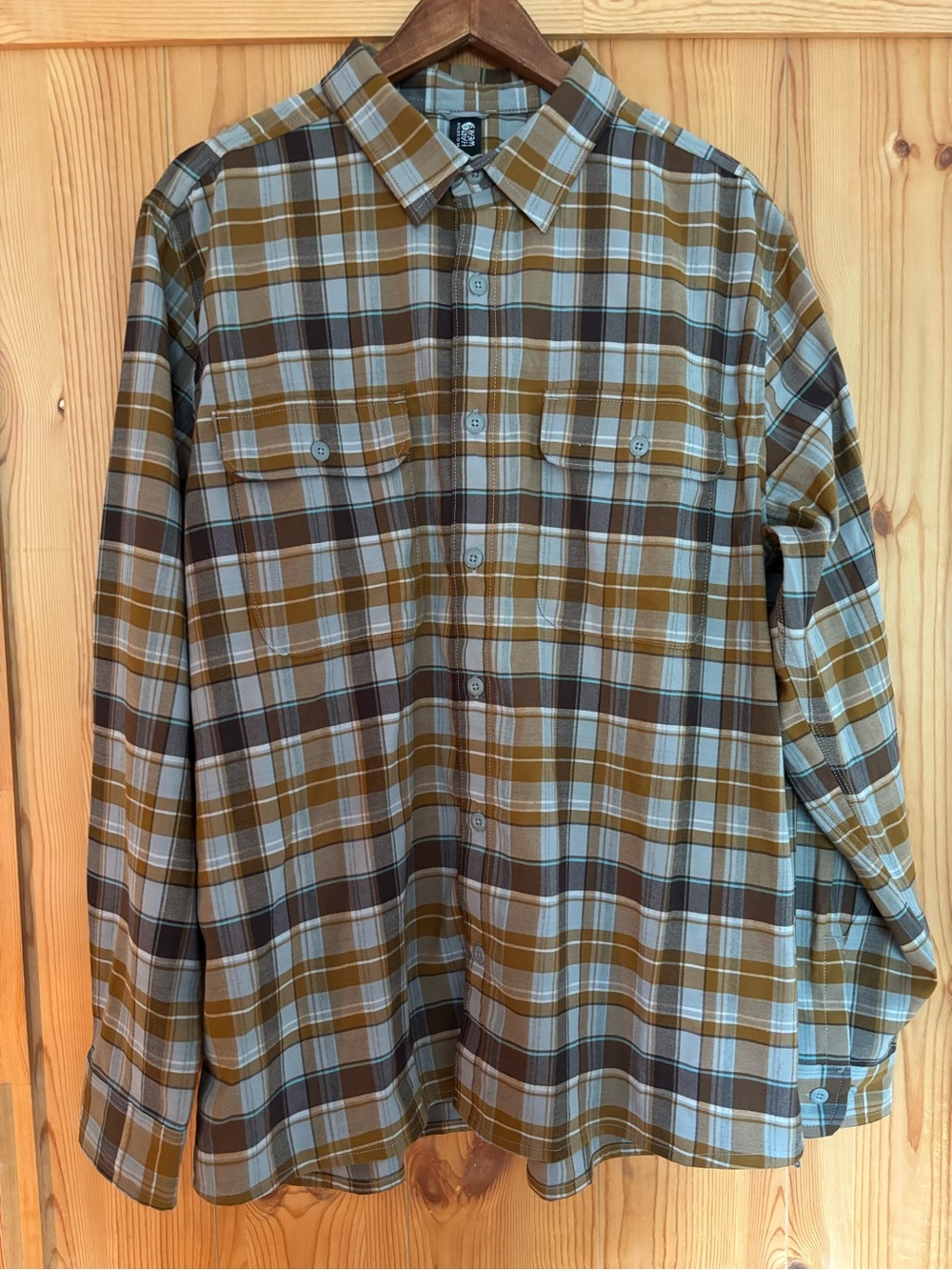 NWT Mountain Hardware Voyager One Flannel Menโs XL Plaid Long Sleeve Brown/Blue